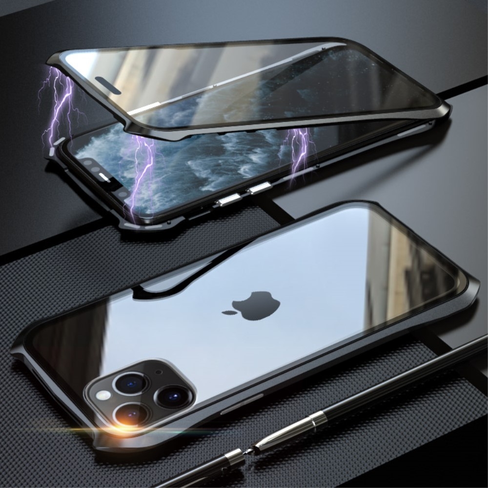 Image of iPhone 11 Pro Max Magnetische Alu Schutzhülle mit Panzer Glas Backcover mit verstärkten Ecken + Displayschutz (Magnet-Technologie) - Schwarz bei Apfelkiste.ch
