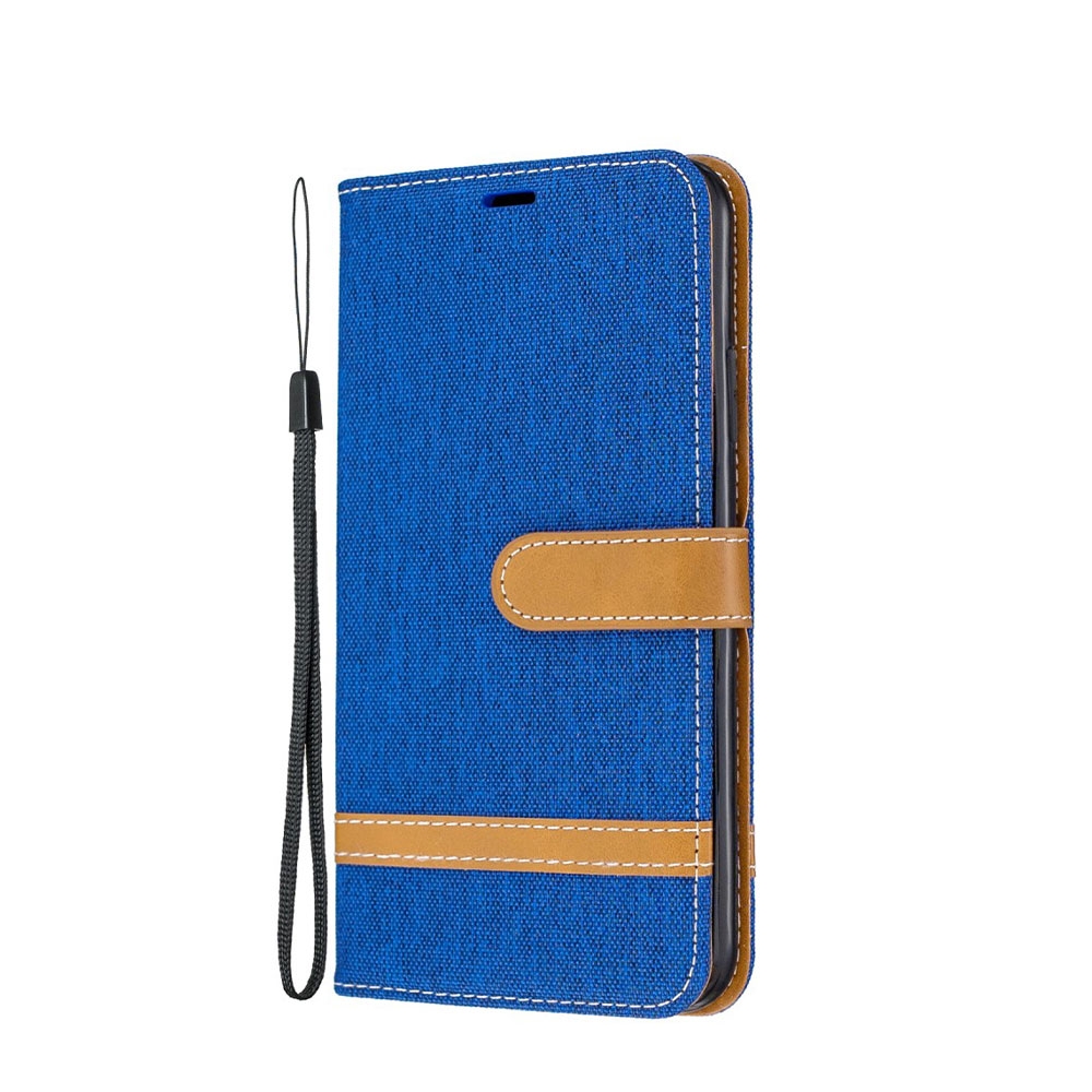 Image of iPhone 11 Pro Max Stoff Tasche im Jeans Look mit Kartenfach + Magnetverschluss - Blau / Braun bei Apfelkiste.ch