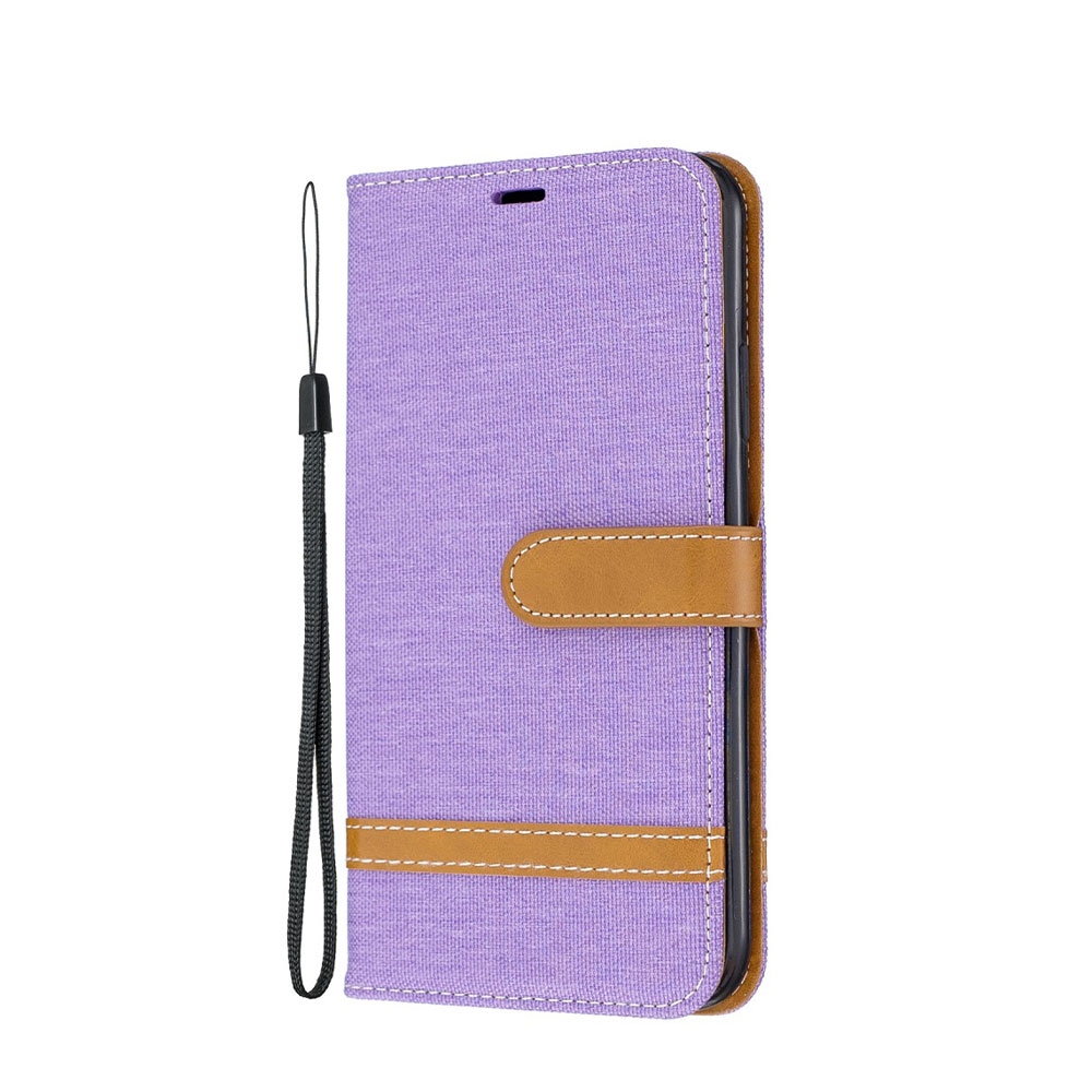 Image of iPhone 11 Pro Max Stoff Tasche im Jeans Look mit Kartenfach + Magnetverschluss - Lila / Braun bei Apfelkiste.ch