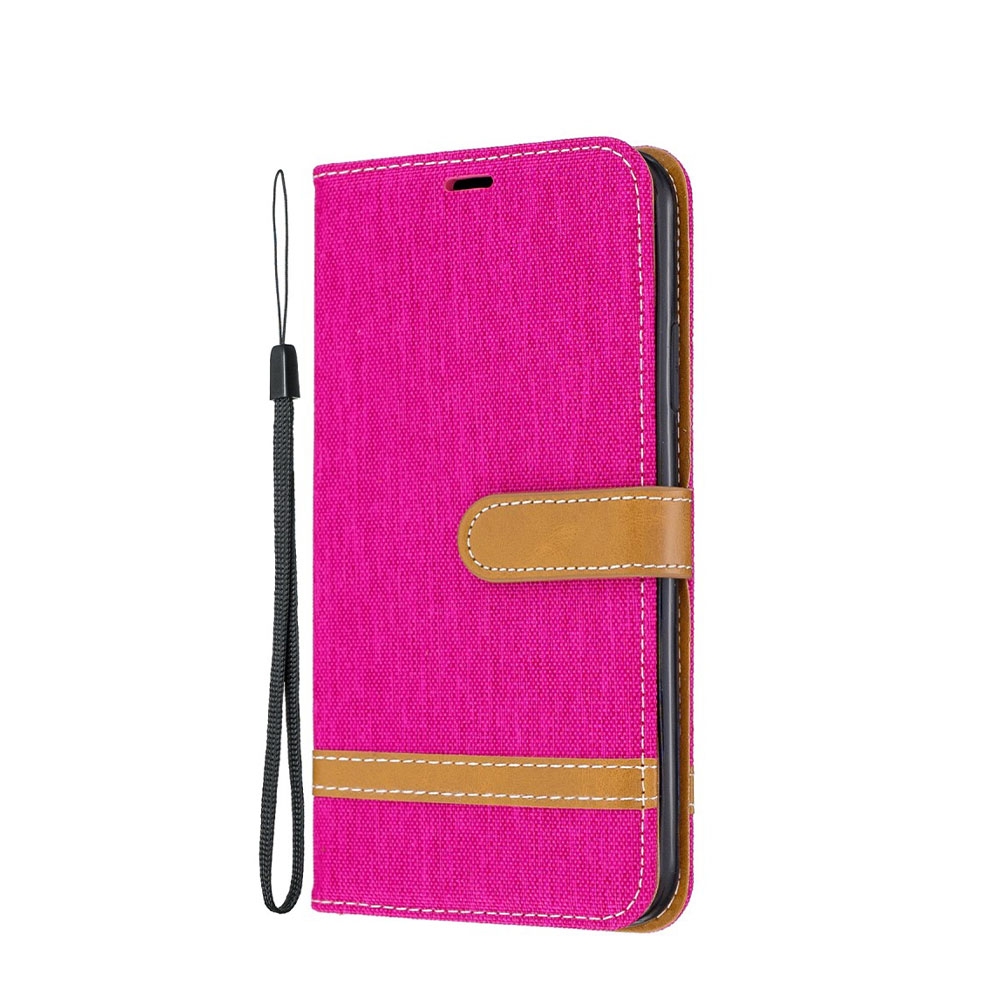 Image of iPhone 11 Pro Max Stoff Tasche im Jeans Look mit Kartenfach + Magnetverschluss - Pink / Braun bei Apfelkiste.ch