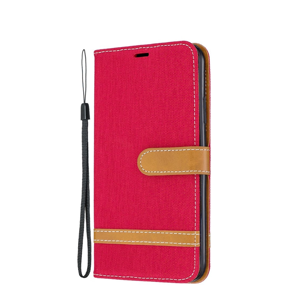Image of iPhone 11 Pro Max Stoff Tasche im Jeans Look mit Kartenfach + Magnetverschluss - Rot / Braun bei Apfelkiste.ch