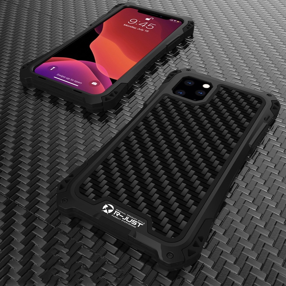 Image of iPhone 11 Pro Silikon Metall Outdoor Schutzhülle + Panzerfolie Carbon Look - Schwarz bei Apfelkiste.ch