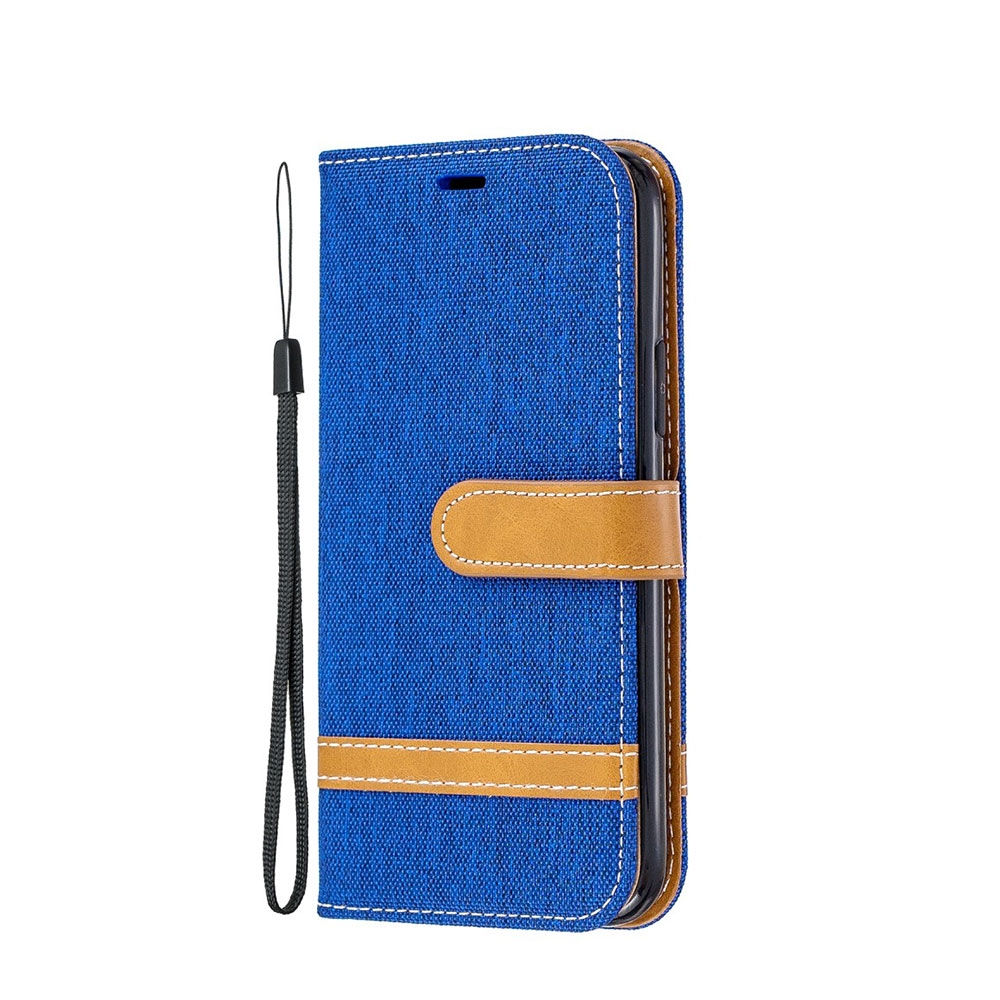 Image of iPhone 11 Pro Stoff Tasche im Jeans Look mit Kartenfach + Magnetverschluss - Blau / Braun bei Apfelkiste.ch