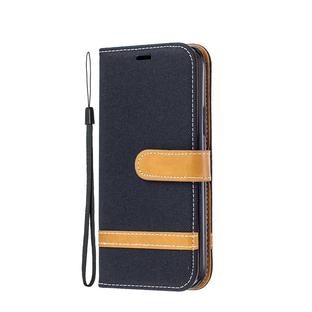 Image of iPhone 11 Pro Stoff Tasche im Jeans Look mit Kartenfach + Magnetverschluss - Schwarz / Braun bei Apfelkiste.ch