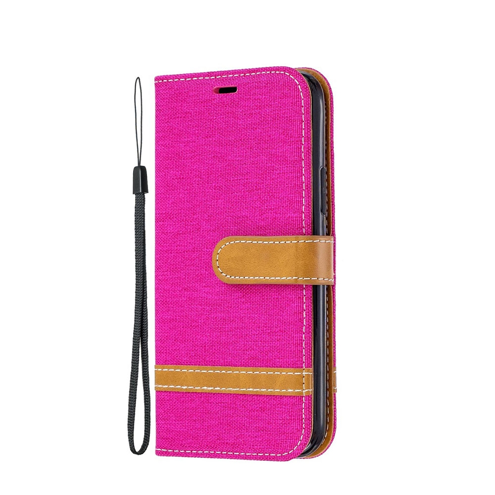 Image of iPhone 11 Pro Stoff Tasche im Jeans Look mit Kartenfach + Magnetverschluss - Pink / Braun bei Apfelkiste.ch