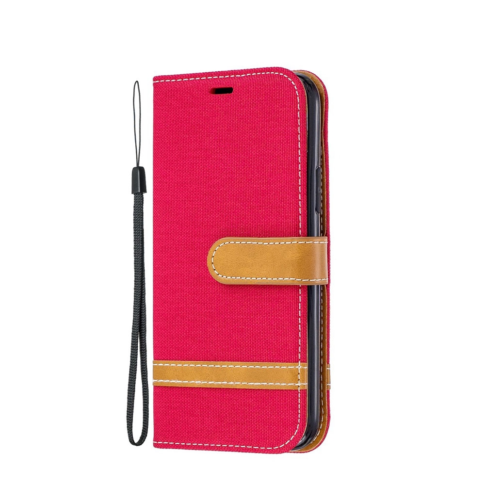 Image of iPhone 11 Pro Stoff Tasche im Jeans Look mit Kartenfach + Magnetverschluss - Rot / Braun bei Apfelkiste.ch