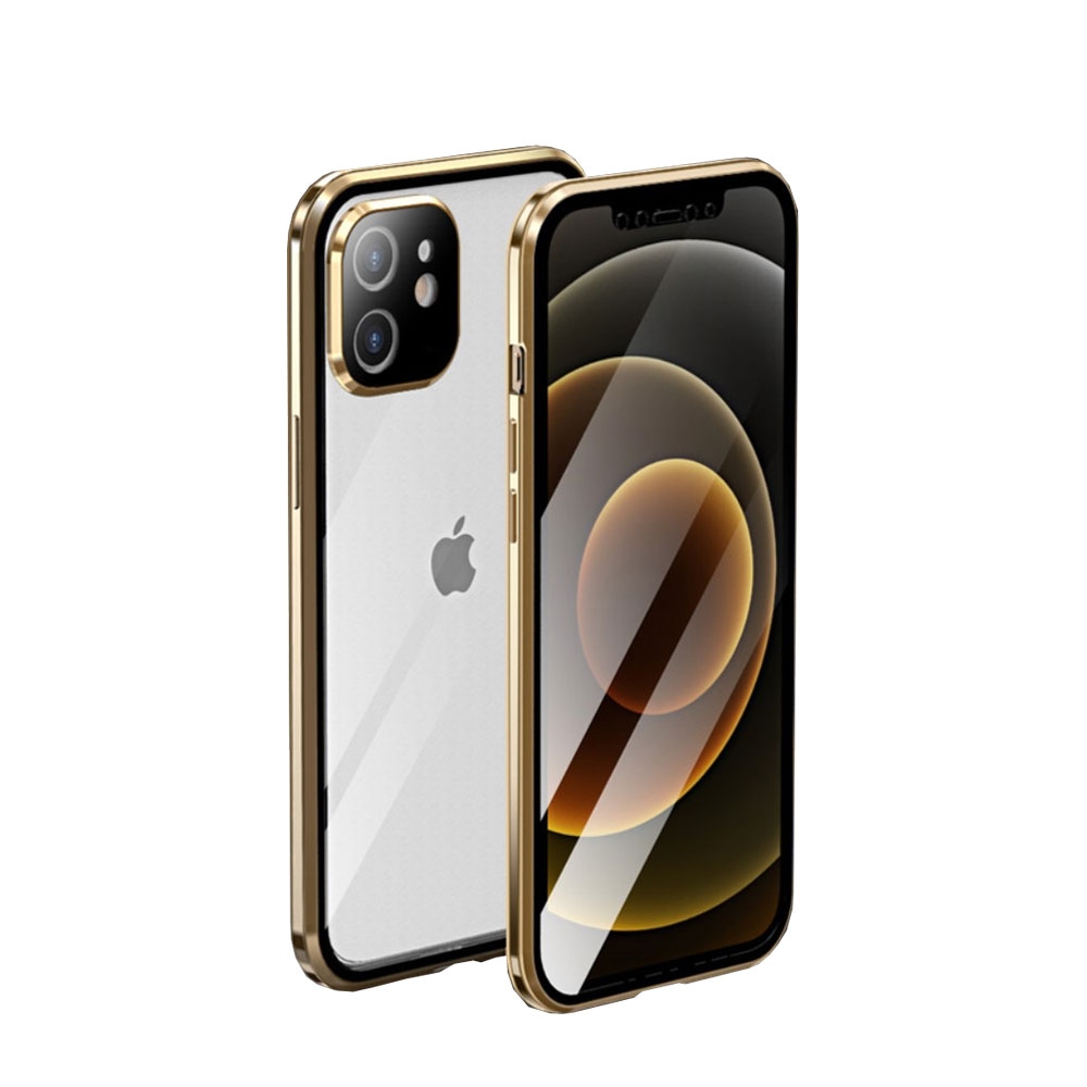 Image of iPhone 12 Magnetische Alu Schutzhülle mit Panzer Glas Backcover + Display- / Kameraschutz (Magnet-Technologie) - Gold bei Apfelkiste.ch
