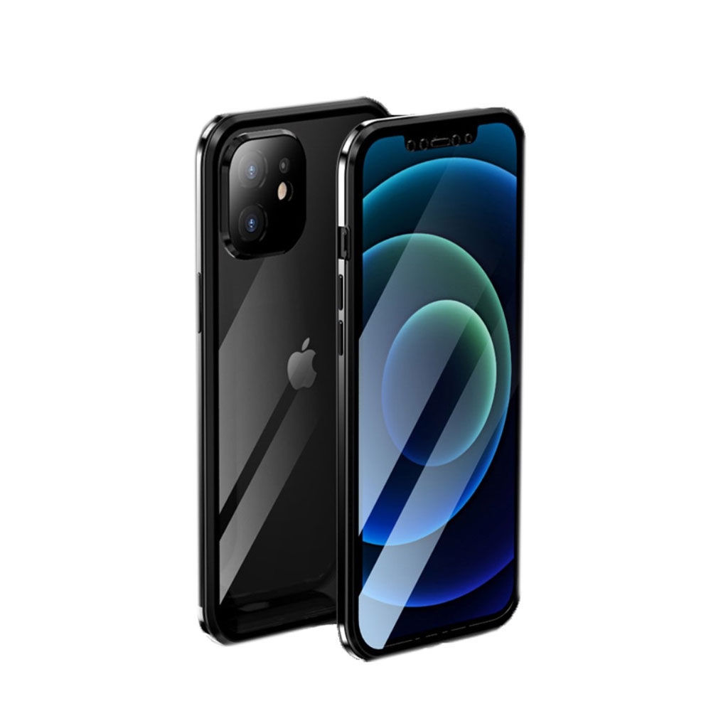 Image of iPhone 12 Magnetische Alu Schutzhülle mit Panzer Glas Backcover + Display- / Kameraschutz (Magnet-Technologie) - Schwarz bei Apfelkiste.ch