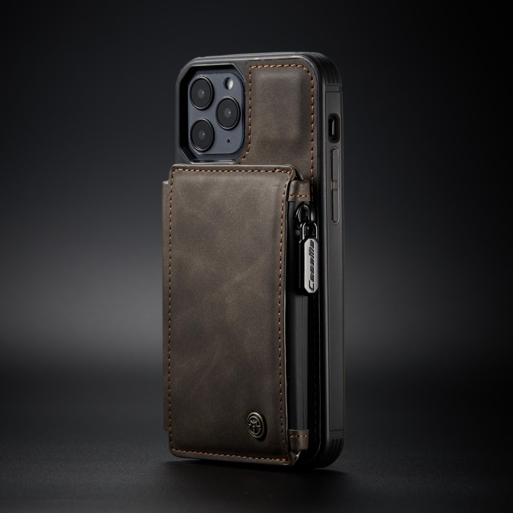 iPhone 12 Mini Leder Schutzhülle mit Münzbeutel + 3 Kartenfächern - Braun