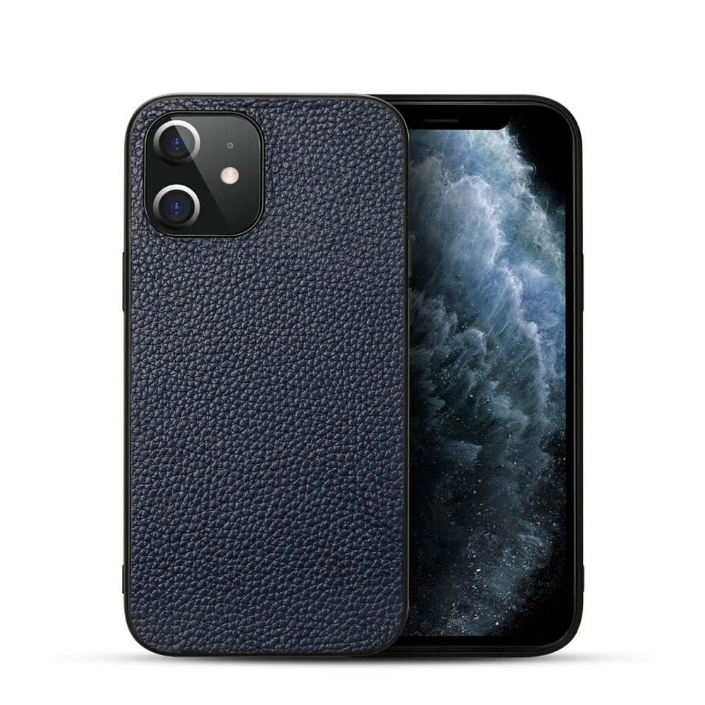 Image of iPhone 12 Mini Echtleder Hardcase Hülle Litchi Look - Dunkelblau bei Apfelkiste.ch
