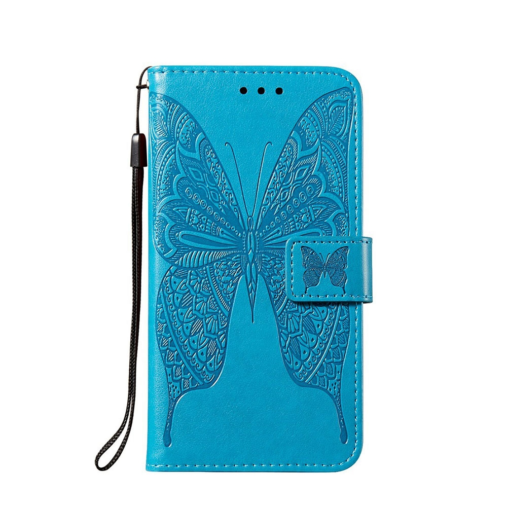 iPhone 12 Mini Leder Tasche Flip Cover Schmetterlings Mandala Imprint - Blau