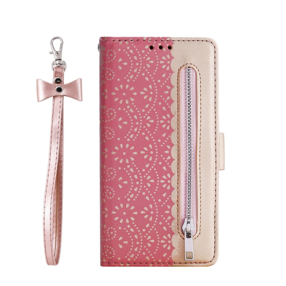 Image of iPhone 12 Mini Leder Tasche Flip Cover mit Reissverschluss - Pink / Gold bei Apfelkiste.ch
