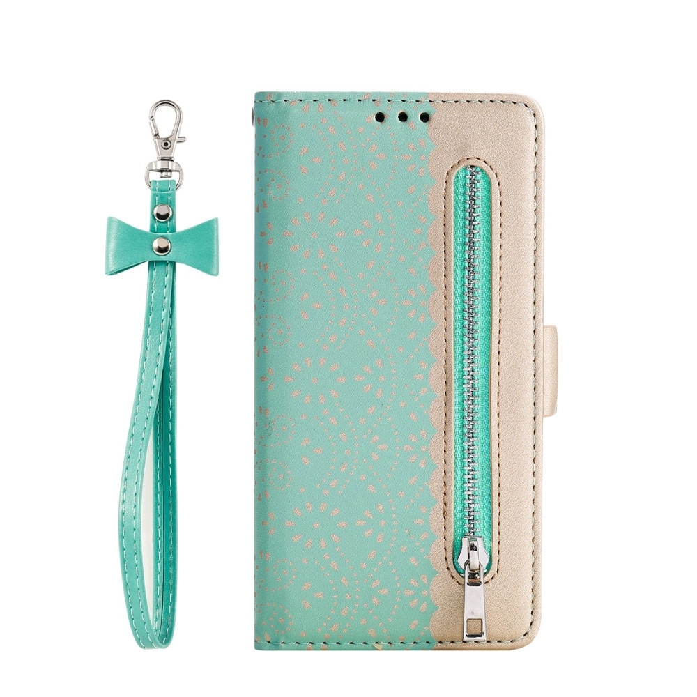 Image of iPhone 12 Mini Leder Tasche Flip Cover mit Reissverschluss - Türkis / Gold bei Apfelkiste.ch