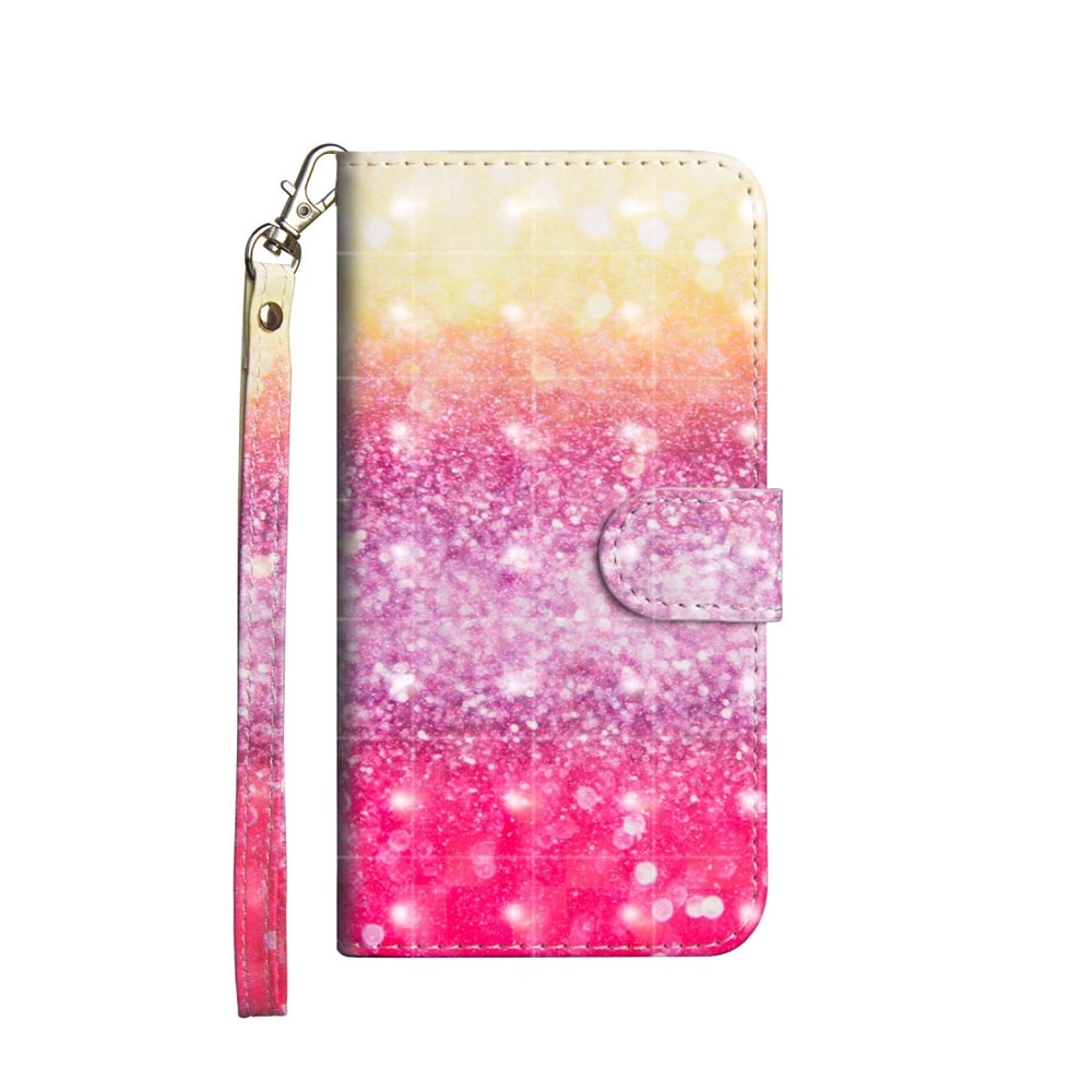 Image of iPhone 12 Mini Leder Tasche mit Kartenfach + Handschlaufe - Sonnenuntergang (Pink / Lila / Gelb) bei Apfelkiste.ch