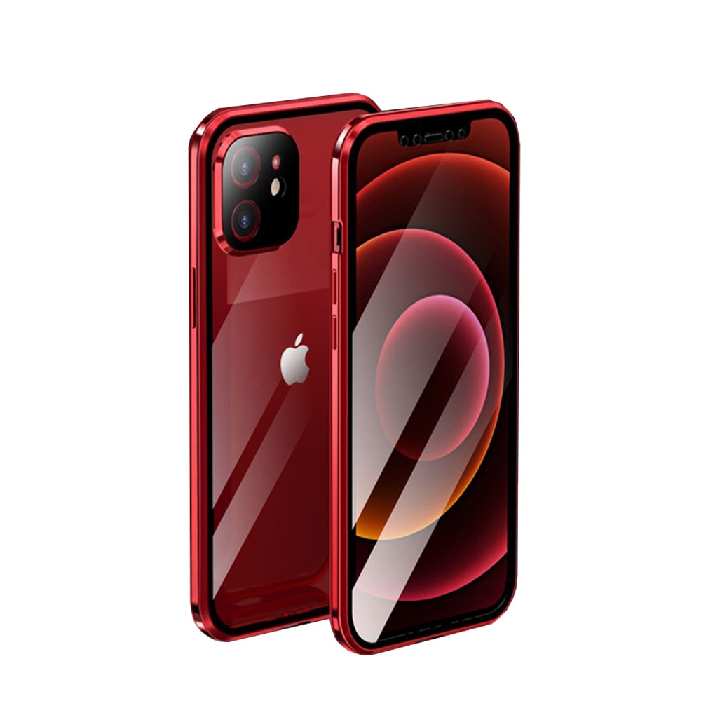 Image of iPhone 12 Mini Magnetische Alu Schutzhülle mit Panzer Glas Backcover + Display- / Kameraschutz (Magnet-Technologie) - Rot bei Apfelkiste.ch