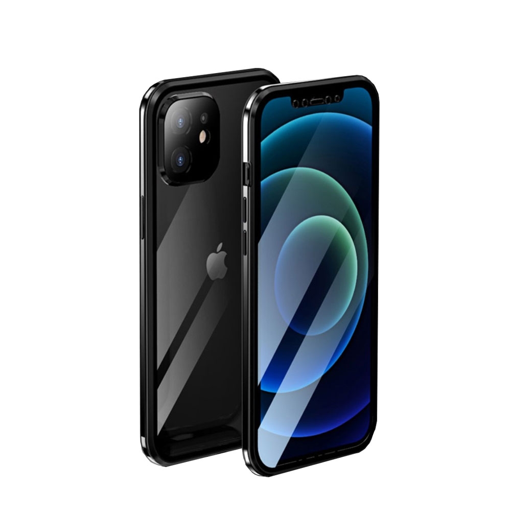 Image of iPhone 12 Mini Magnetische Alu Schutzhülle mit Panzer Glas Backcover + Display- / Kameraschutz (Magnet-Technologie) - Schwarz bei Apfelkiste.ch