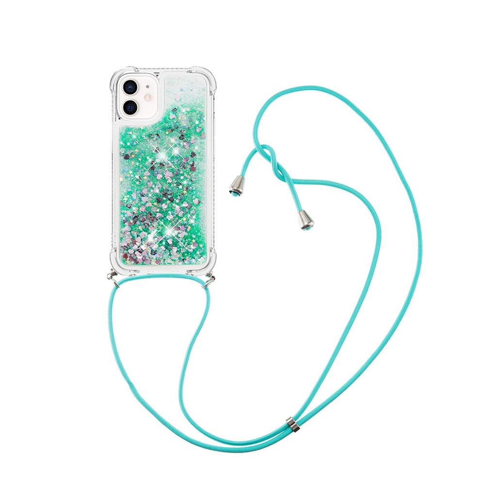 Image of iPhone 12 Mini Necklace Gummi Hülle Liquid Glitzer + Handykette (130cm) - Türkis / Grün bei Apfelkiste.ch