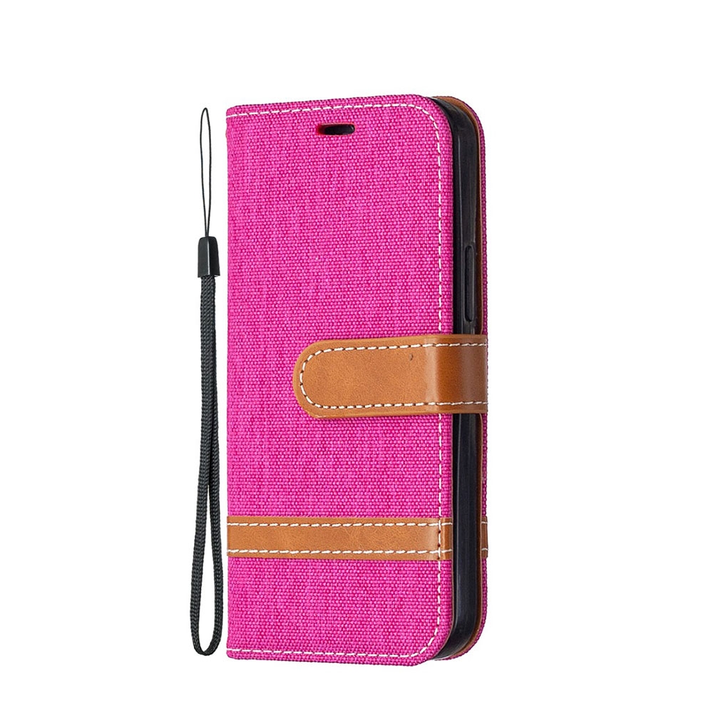 Image of iPhone 12 Mini Stoff Tasche im Jeans Look mit Kartenfach + Magnetverschluss - Pink / Braun bei Apfelkiste.ch