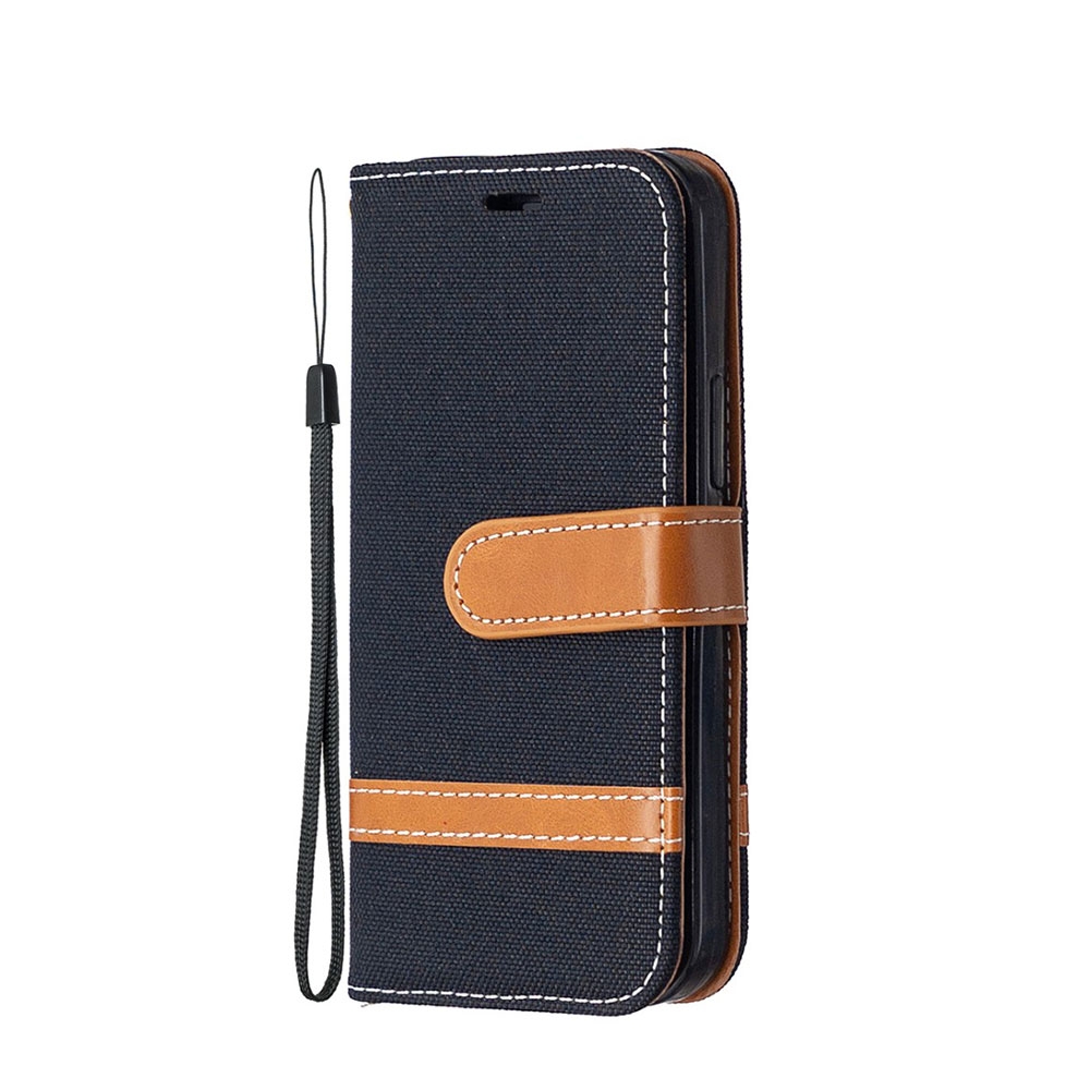 Image of iPhone 12 Mini Stoff Tasche im Jeans Look mit Kartenfach + Magnetverschluss - Schwarz / Braun bei Apfelkiste.ch