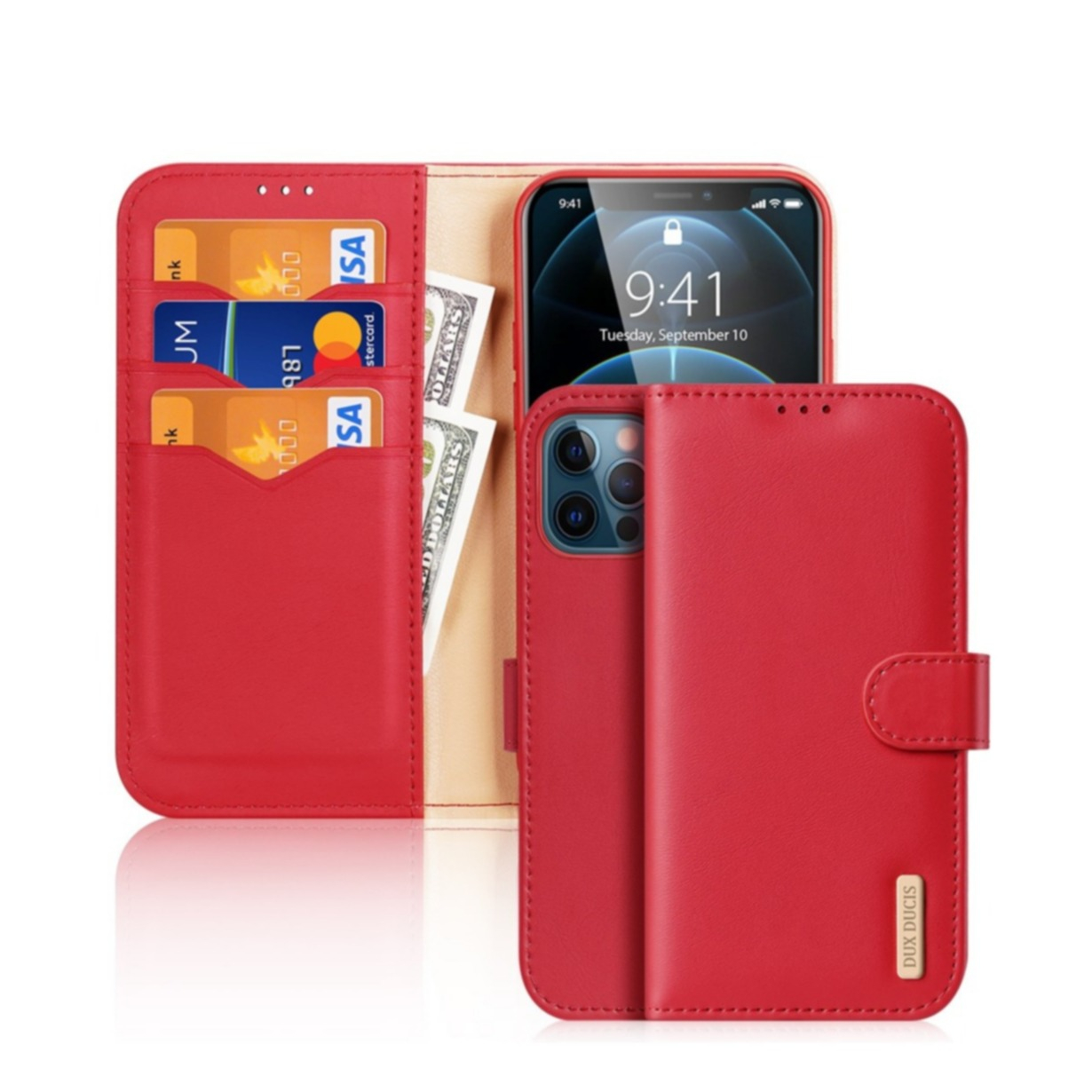 Image of Dux Ducis - iPhone 12 / iPhone 12 Pro Flip Wallet Cover Echtleder Tasche (RFID Schutz) - Rot bei Apfelkiste.ch
