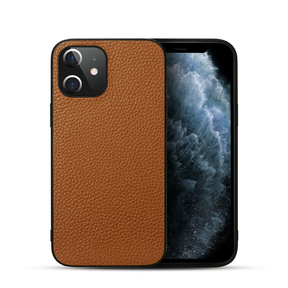 Image of iPhone 12 / iPhone 12 Pro Echtleder Hardcase Hülle Litchi Look - Braun bei Apfelkiste.ch