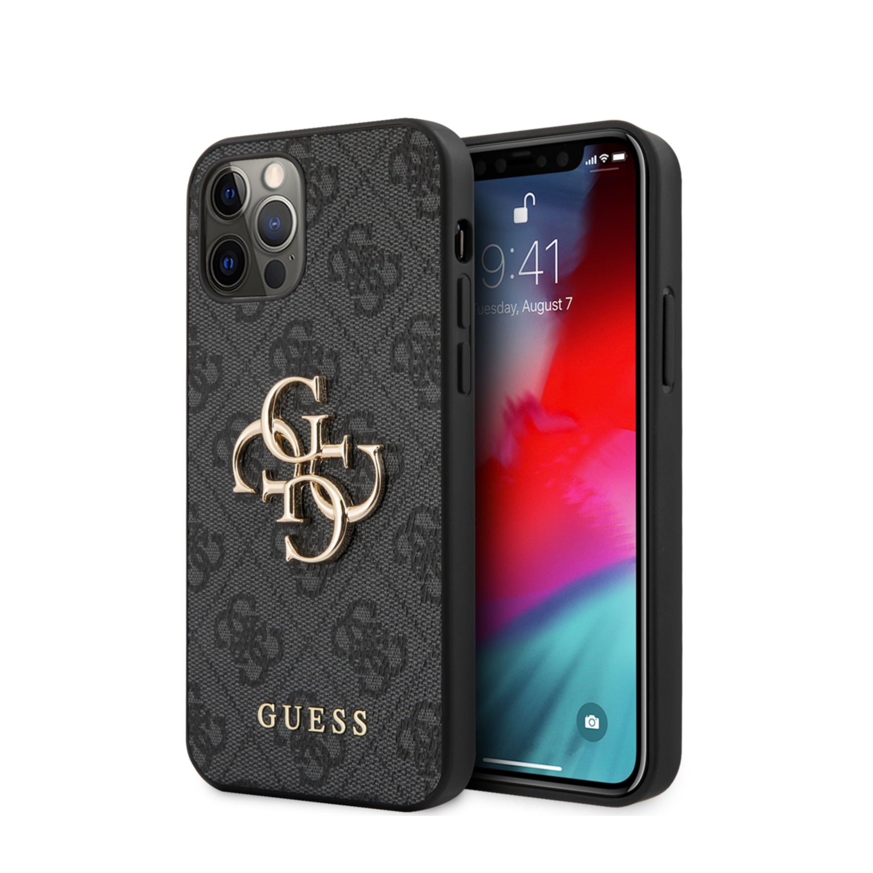Image of Guess - iPhone 12 / iPhone 12 Pro Leder Hardcase Hülle Metall Logo (GUHCP12M4GMGGR) - Schwarz / Gold bei Apfelkiste.ch