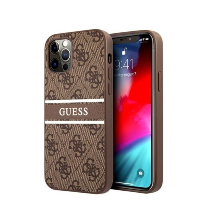 Image of Guess - iPhone 12 / iPhone 12 Pro Leder Hardcase Hülle Streifen Logo (GUHCP12M4GDBR) - Braun bei Apfelkiste.ch