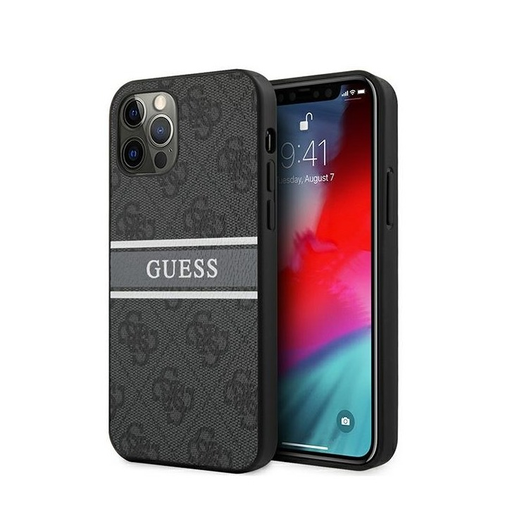 Image of Guess - iPhone 12 / iPhone 12 Pro Leder Hardcase Hülle Streifen Logo (GUHCP12M4GDGR) - Grau bei Apfelkiste.ch