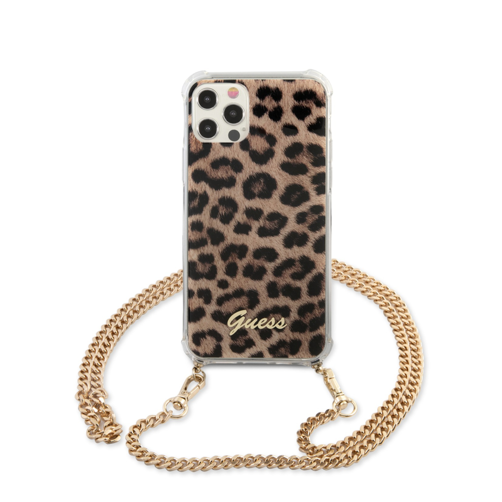 Image of Guess - iPhone 12 / iPhone 12 Pro Necklace Hardcase Hülle Air Cushion Chain Leopard + Handykette (GUHCP12MKCLEO) - Gold bei Apfelkiste.ch