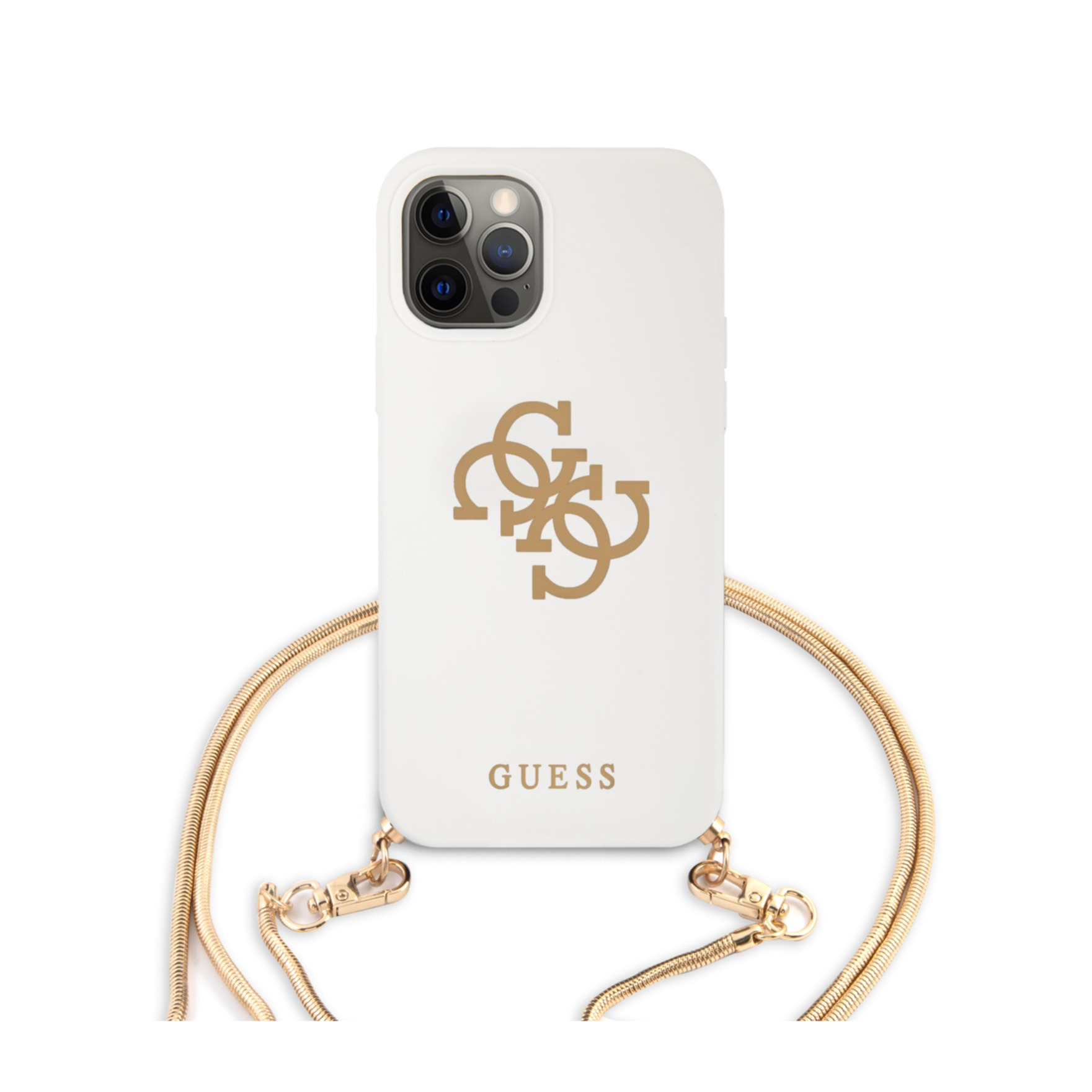 Image of Guess - iPhone 12 / iPhone 12 Pro Necklace Silikon Soft Touch Hülle Snake Chain + Schlangenkette (GUHCP12MLSC4GWH) - Weiss / Gold bei Apfelkiste.ch