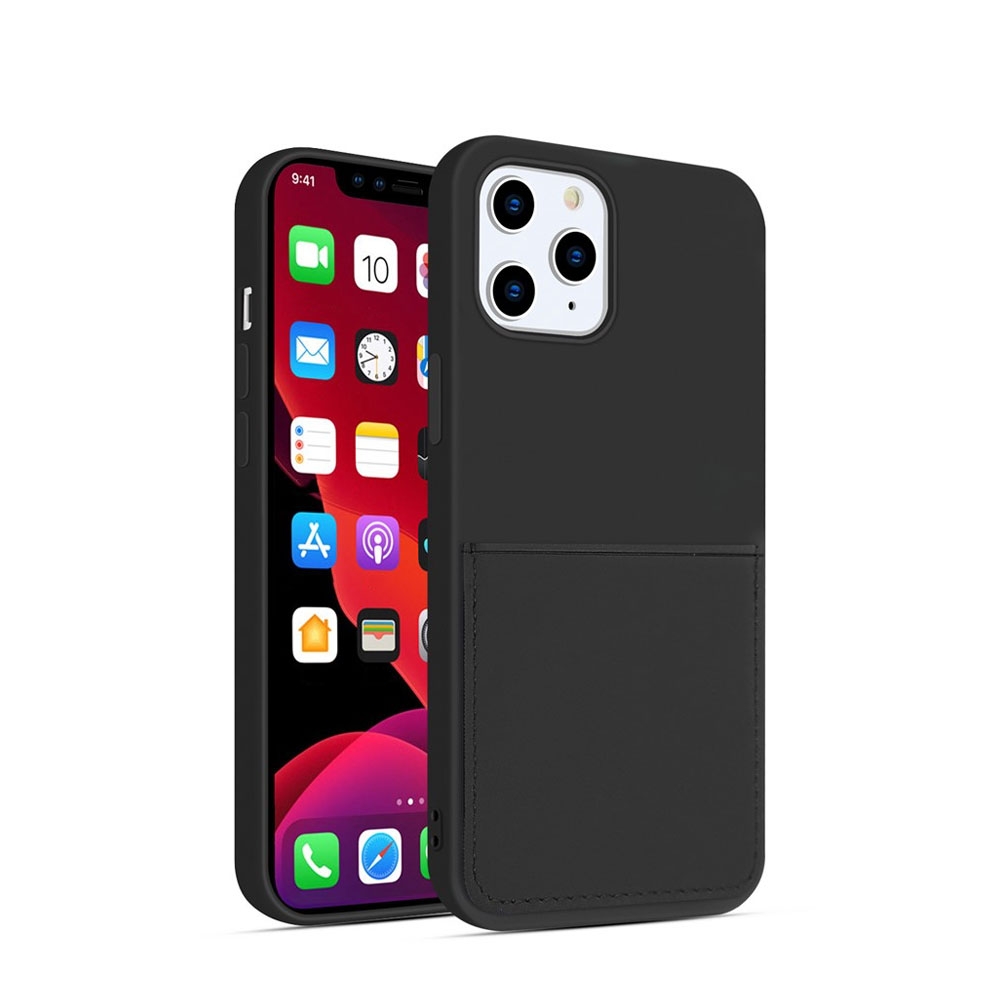 iPhone 12 / iPhone 12 Pro Gummi Case Hülle mit Leder Kartenfach - Schwarz