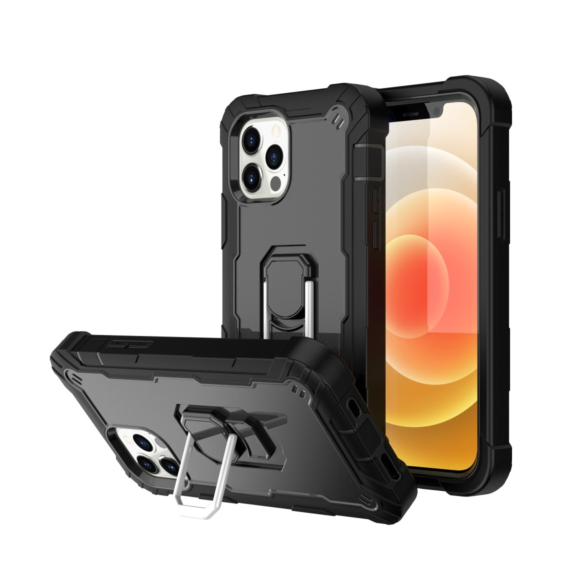 Image of iPhone 12 / iPhone 12 Pro Hardcase Hülle Air Cushion + Magnetischer Kickstand Haltering - Schwarz bei Apfelkiste.ch