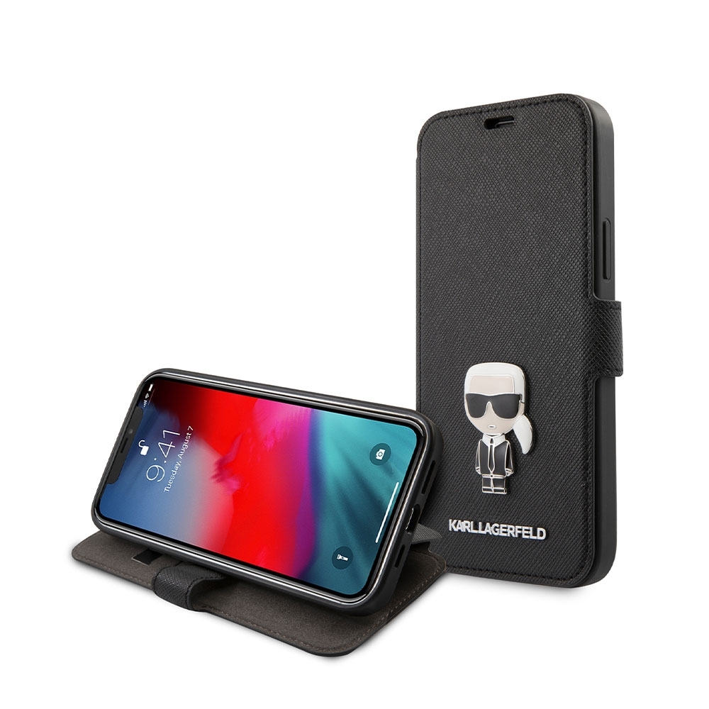 Image of Karl Lagerfeld - iPhone 12 / iPhone 12 Pro Leder Tasche Saffiano Flipcover Pin (KLFLBKP12MIKMSBK) - Schwarz bei Apfelkiste.ch
