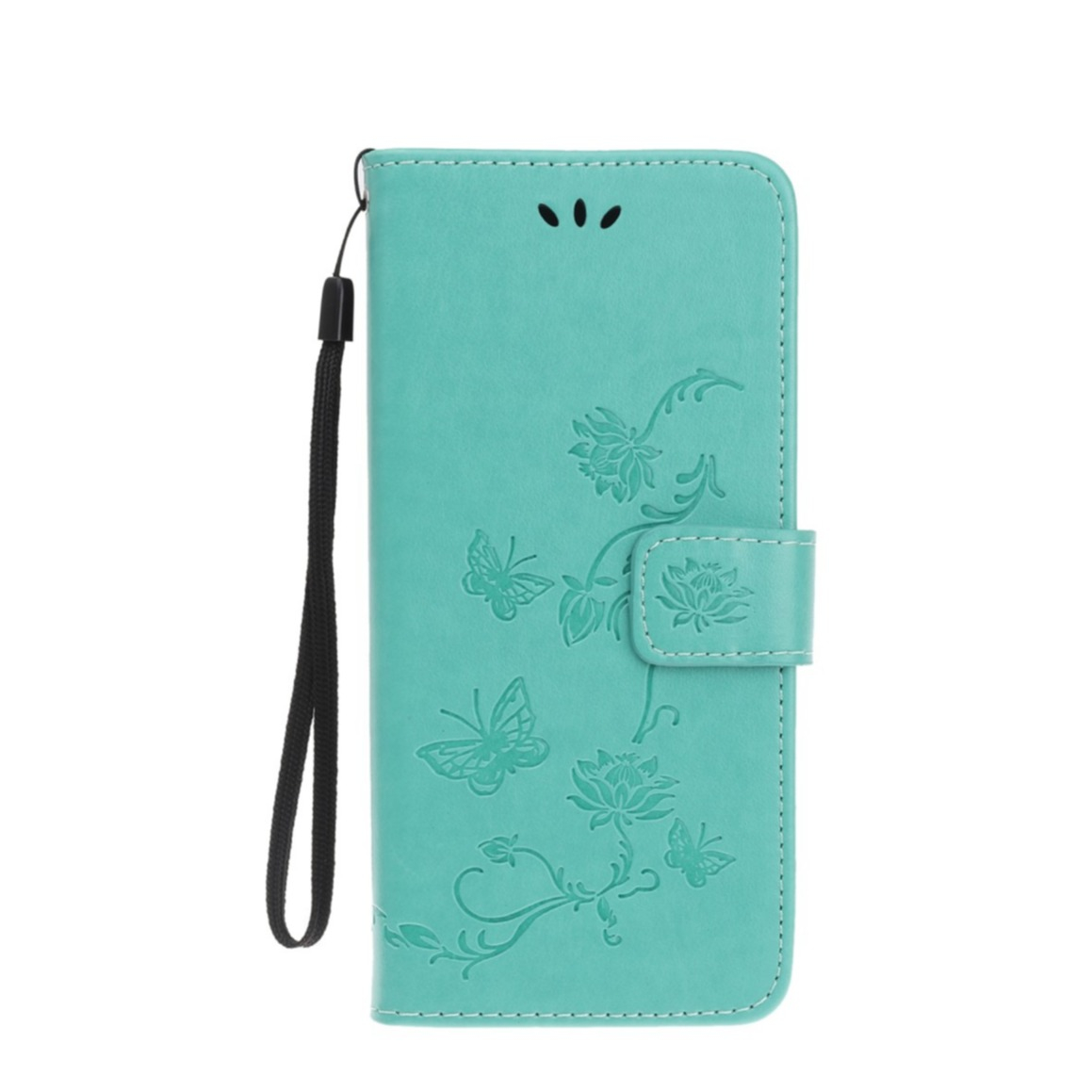 Image of iPhone 12 / iPhone 12 Pro Leder Tasche Flip Cover Schmetterlinge und Blumen - Türkis bei Apfelkiste.ch