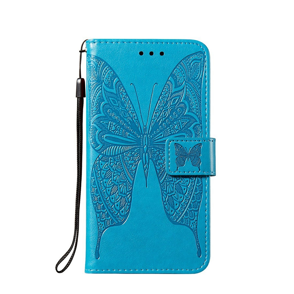 iPhone 12 / iPhone 12 Pro Leder Tasche Flip Cover Schmetterlings Mandala Imprint - Blau