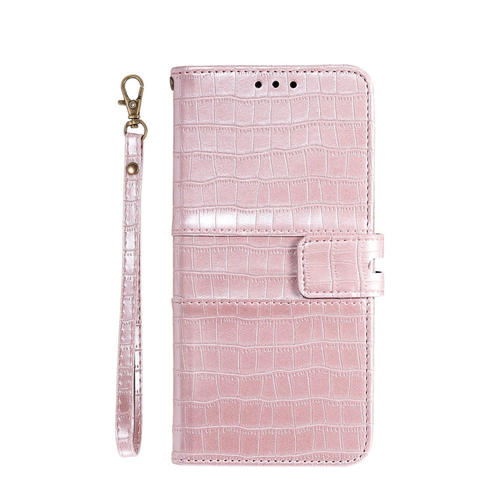 Image of iPhone 12 / iPhone 12 Pro Leder Tasche im Kroko Look mit Kartenfach + Magnetverschluss - Roségold bei Apfelkiste.ch