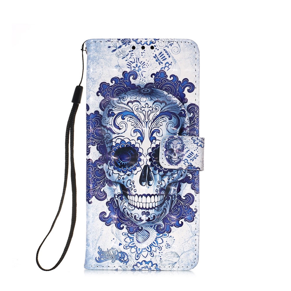 Image of iPhone 12 / iPhone 12 Pro Leder Tasche Mandala Skull - Blau / Weiss bei Apfelkiste.ch