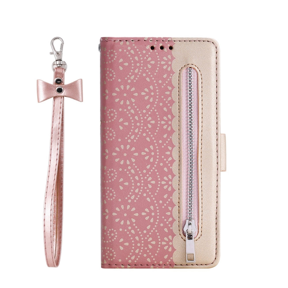 Image of iPhone 12 / iPhone 12 Pro Leder Tasche Flip Cover mit Reissverschluss - Rosa / Gold bei Apfelkiste.ch
