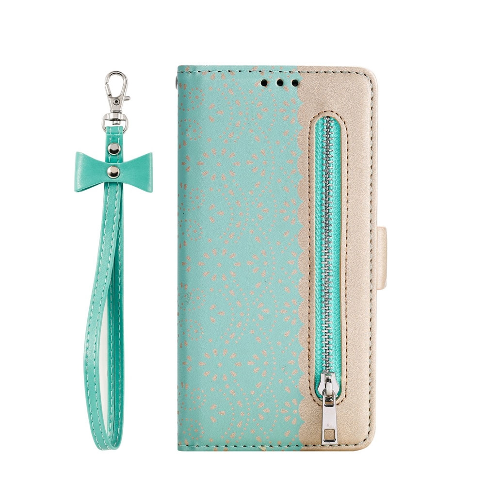 Image of iPhone 12 / iPhone 12 Pro Leder Tasche Flip Cover mit Reissverschluss - Türkis / Gold bei Apfelkiste.ch