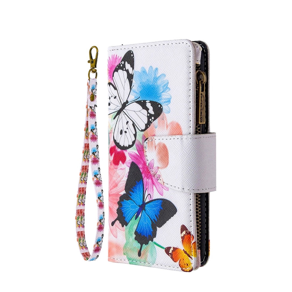 Image of iPhone 12 / iPhone 12 Pro Leder Wallet Etui Tasche mit 9 Kartenfächern + Münzfach - Blumen & Schmetterlinge bei Apfelkiste.ch
