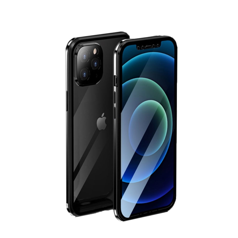 Image of iPhone 12 Pro Magnetische Alu Schutzhülle mit Panzer Glas Backcover + Display- / Kameraschutz (Magnet-Technologie) - Schwarz bei Apfelkiste.ch