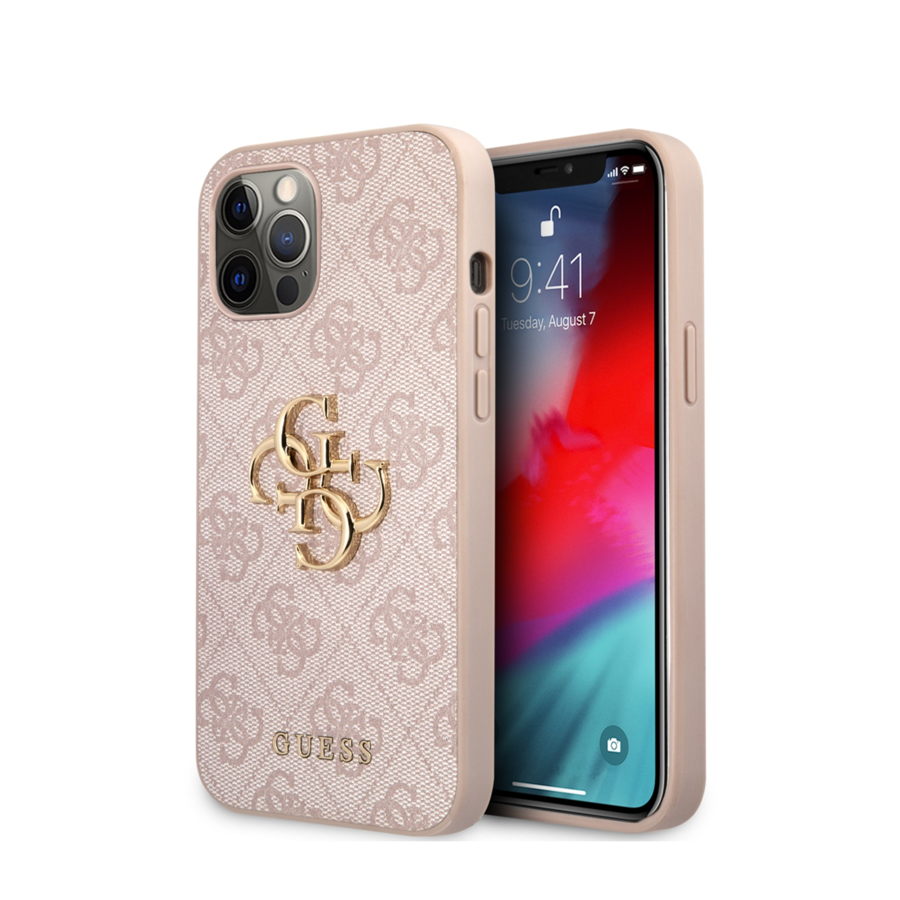 Image of Guess - iPhone 12 Pro Max Leder Hardcase Hülle Metall Logo (GUHCP12L4GMGPI) - Rosa / Gold bei Apfelkiste.ch