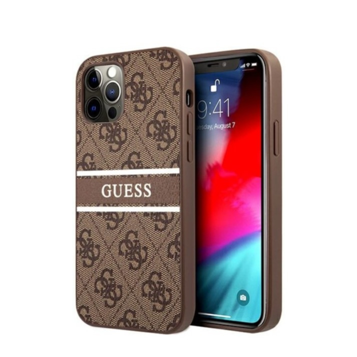 Image of Guess - iPhone 12 Pro Max Leder Hardcase Hülle Streifen Logo (GUHCP12L4GDBR) - Braun bei Apfelkiste.ch