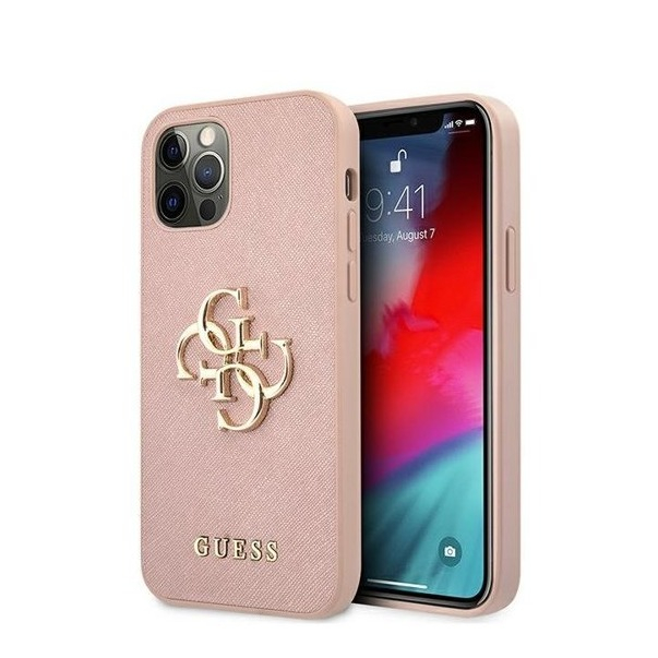 Image of Guess - iPhone 12 Pro Max Leder Saffiano Hardcase Hülle Metall Logo (GUHCP12LSA4GGPI) - Rosa / Gold bei Apfelkiste.ch
