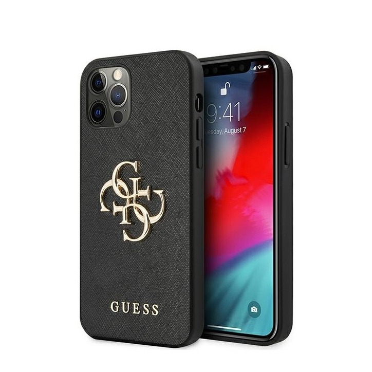 Image of Guess - iPhone 12 Pro Max Leder Saffiano Hardcase Hülle Metall Logo (GUHCP12LSA4GGBK) - Schwarz / Gold bei Apfelkiste.ch