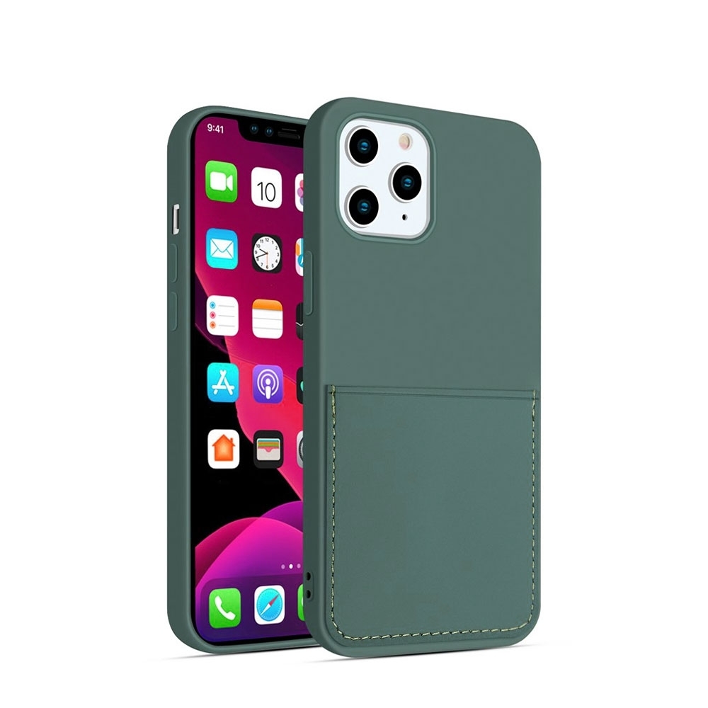 Image of iPhone 12 Pro Max Gummi Case Hülle mit Leder Kartenfach - Dunkelgrün bei Apfelkiste.ch