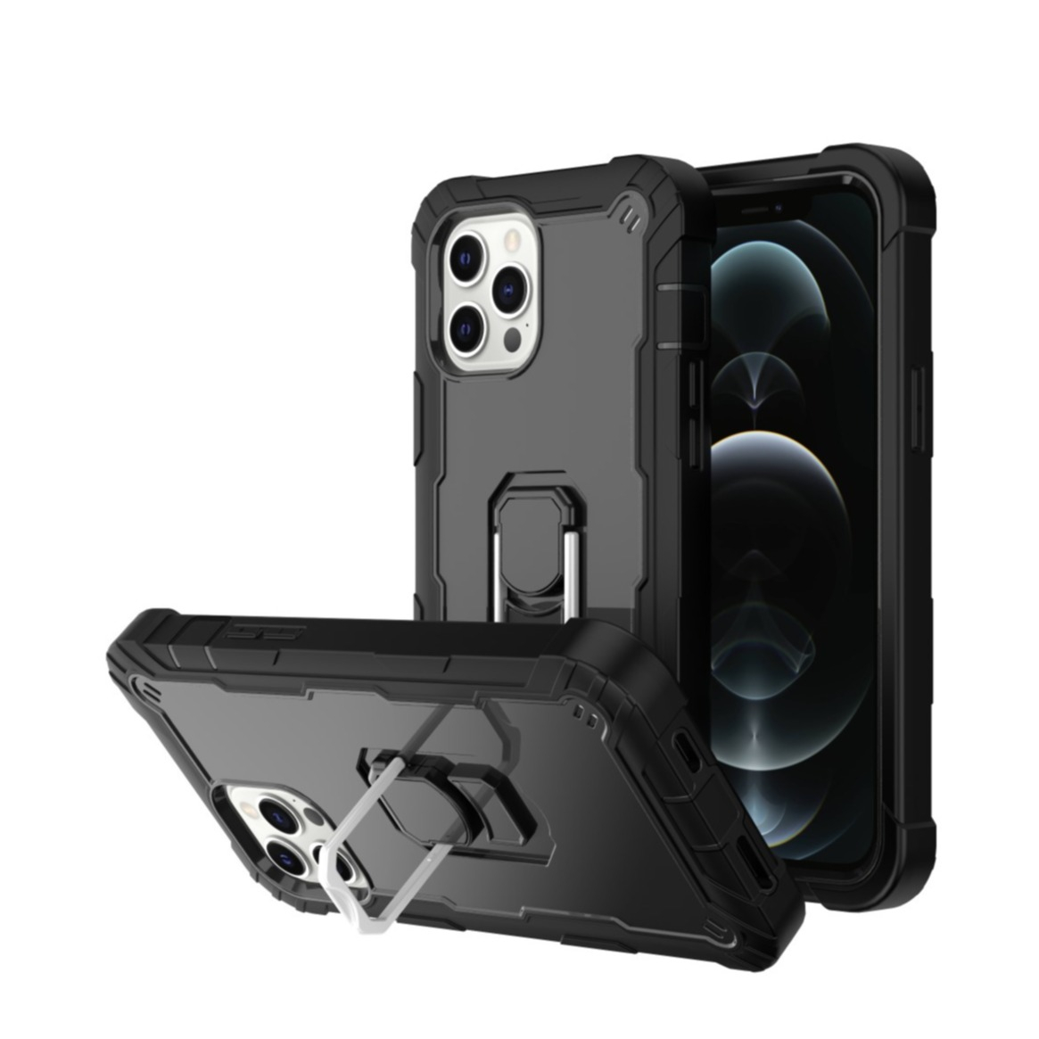 Image of iPhone 12 Pro Max Hardcase Hülle Air Cushion + Magnetischer Kickstand Haltering - Schwarz bei Apfelkiste.ch