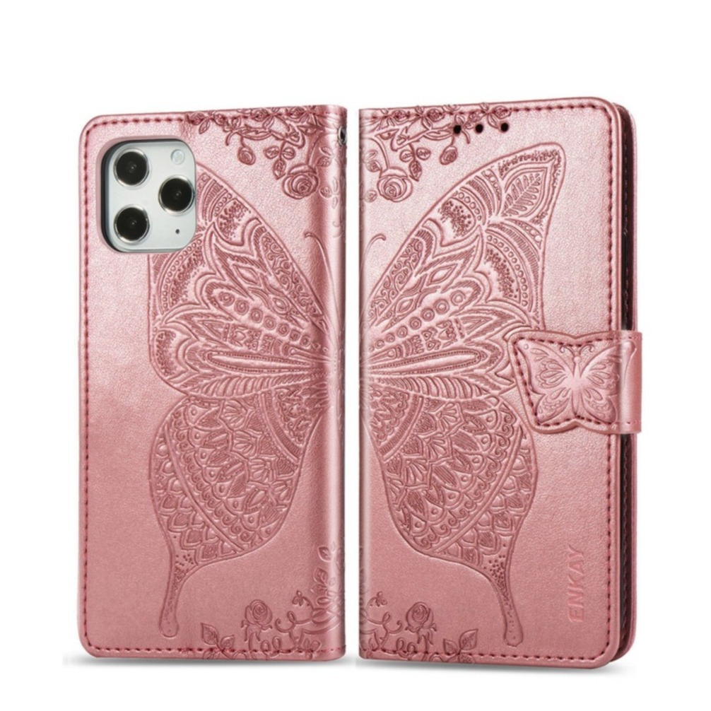 Image of iPhone 12 Pro Max Leder Tasche Flip Cover Schmetterlinge Imprint - Roségold bei Apfelkiste.ch
