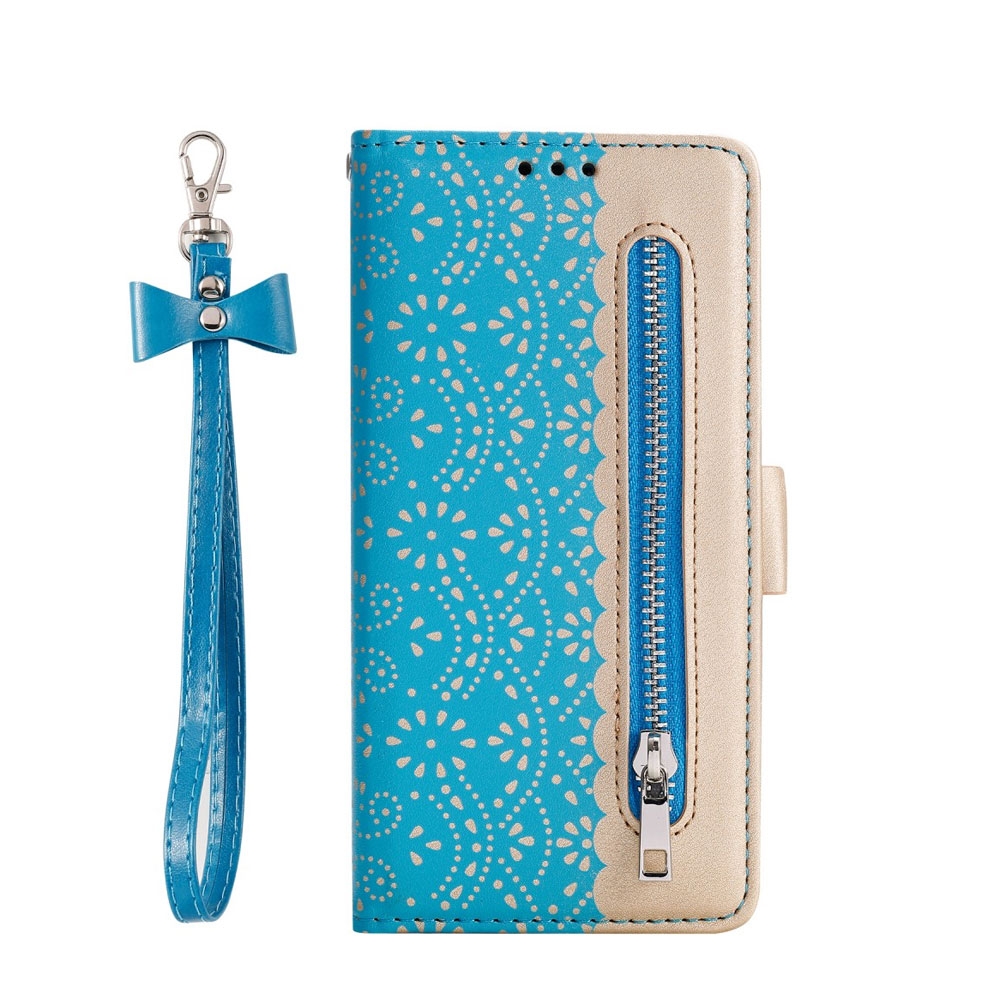 Image of iPhone 12 Pro Max Leder Tasche Flip Cover mit Reissverschluss - Blau / Gold bei Apfelkiste.ch