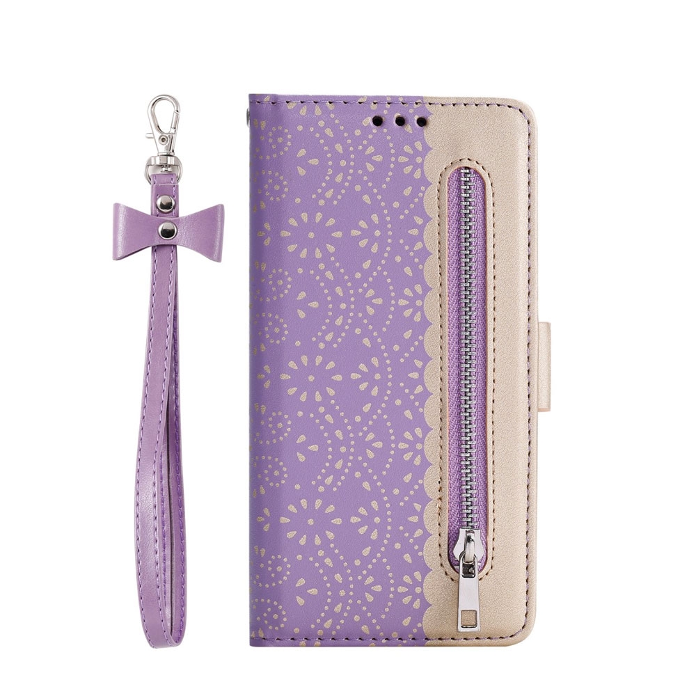 Image of iPhone 12 Pro Max Leder Tasche Flip Cover mit Reissverschluss - Lila / Gold bei Apfelkiste.ch